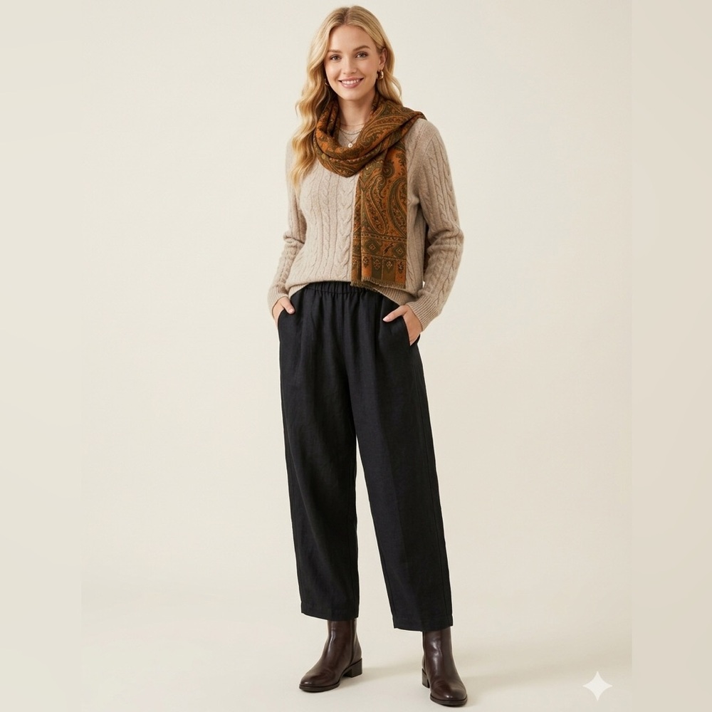 Eileen Fisher Black Organic Linen Pull-On Pants Medium Lagenlook Minimalist